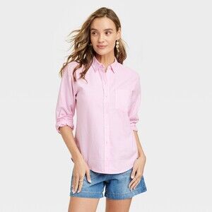 Long Sleeve Classic Button-Down Shirt Pink XS